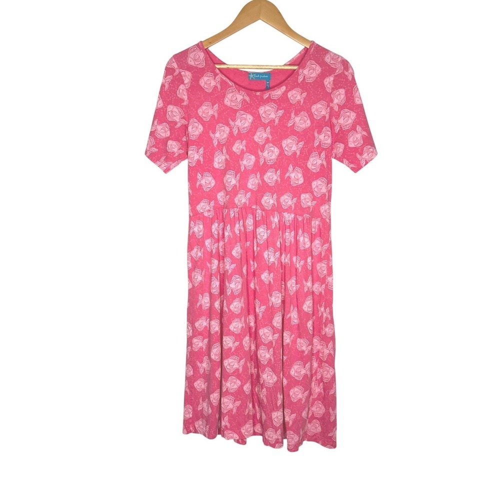 Fresh Produce Pink Fish Print Babydoll Sundress M 100% Cotton USA Made Coastal